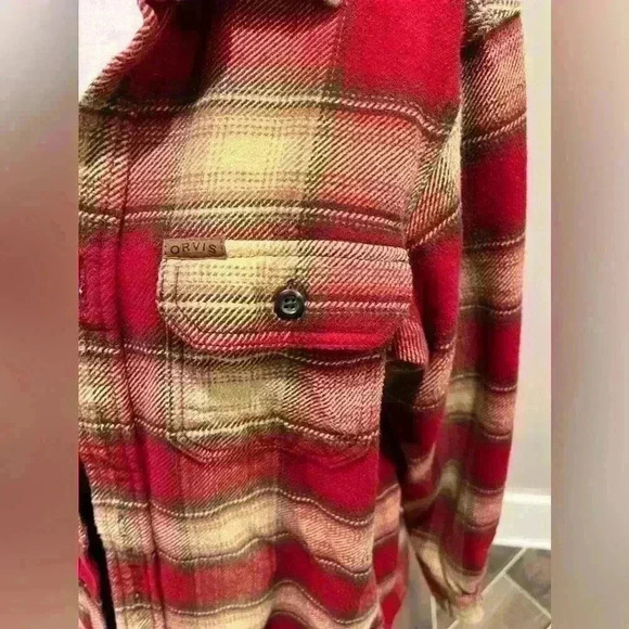Orvis S Shacket Burgundy Cream Tan tartan plaid cabincore heavy layering jacket - Picture 3 of 6